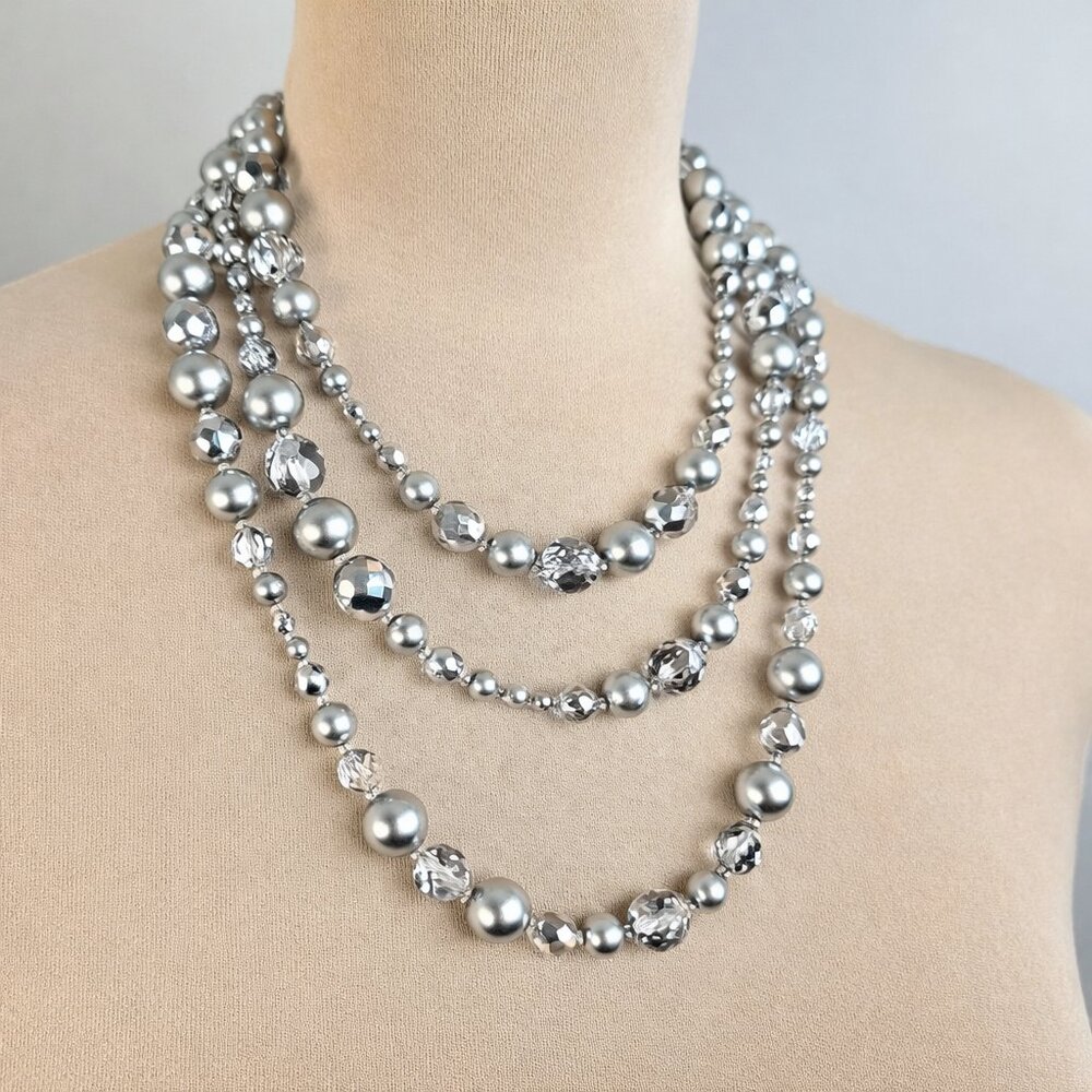 Long Silver Gray Faux Pearl Crystal Statement Necklace